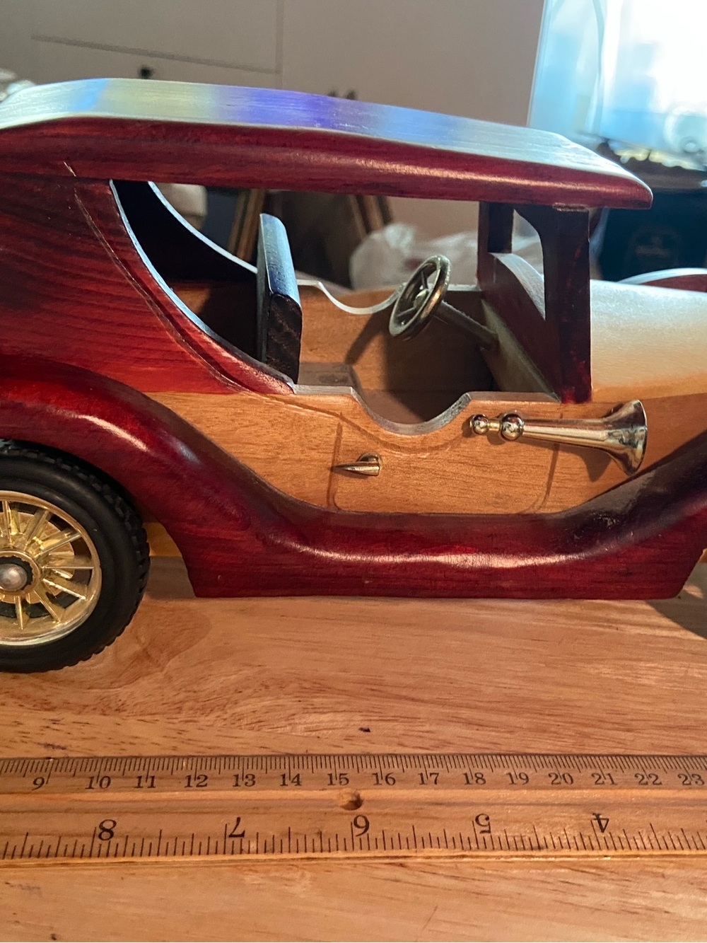 Handcrafted Wooden Vintage Car Decor in Burgundy and Natural Wood